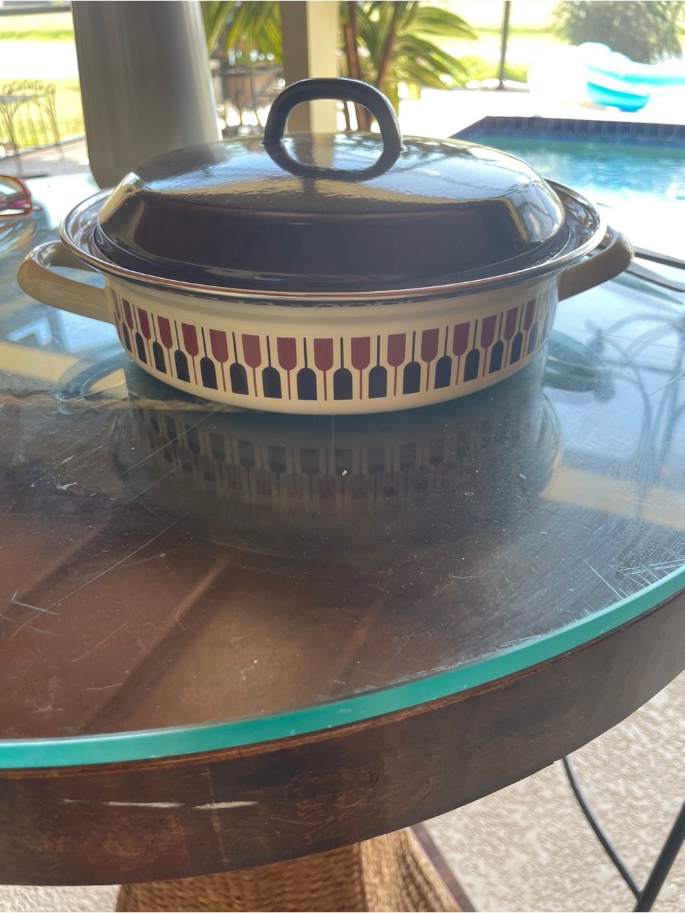 Moneta Italy Enamel  Covered Casserole Dish Geometric Retro MCM Vintage